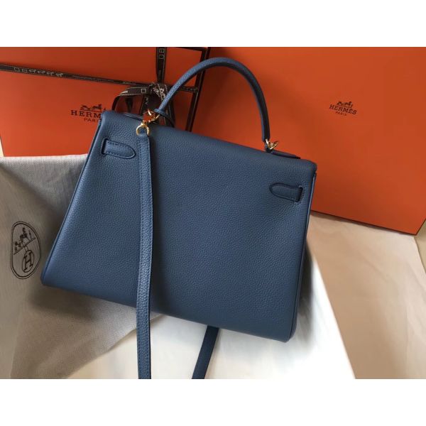 HERM Kelly 32cm Bag In Blue Agate Clemence Leather GHW