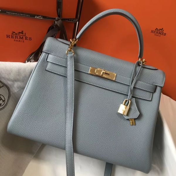 HERM Kelly 32cm Bag In Blue Lin Clemence Leather GHW