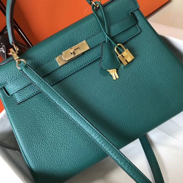 HERM Kelly 32cm Bag In Malachite Clemence Leather GHW
