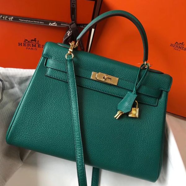 HERM Kelly 32cm Bag In Malachite Clemence Leather GHW