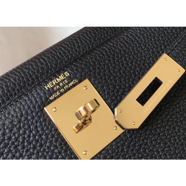 HERM Kelly 32cm Bag In Black Clemence Leather GHW