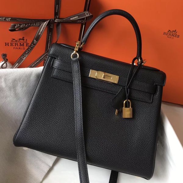 HERM Kelly 32cm Bag In Black Clemence Leather GHW