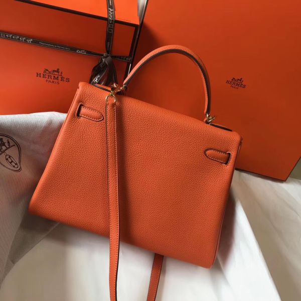 HERM Kelly 32cm Bag In Orange Clemence Leather GHW
