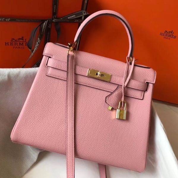 HERM Kelly 32cm Bag In Pink Clemence Leather GHW