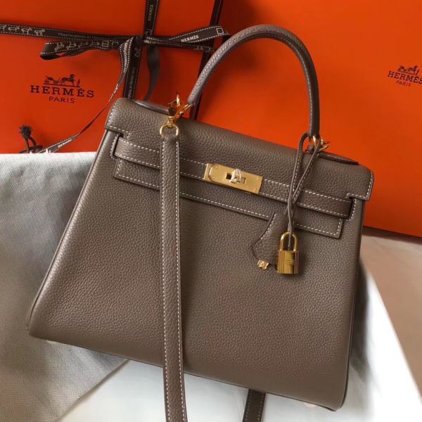 HERM Kelly 32cm Bag In Taupe Grey Clemence Leather GHW
