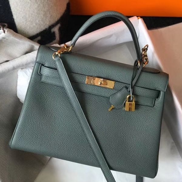 HERM Kelly 32cm Bag In Vert Amande Clemence Leather GHW