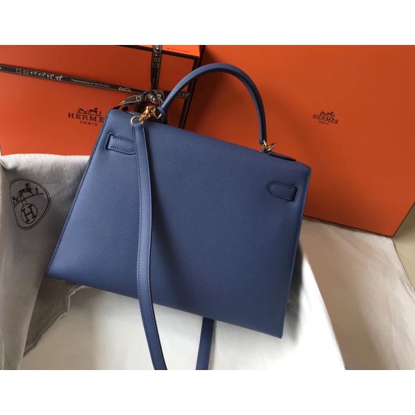 HERM Kelly 32cm Bag In Blue Agate Epsom Leather GHW