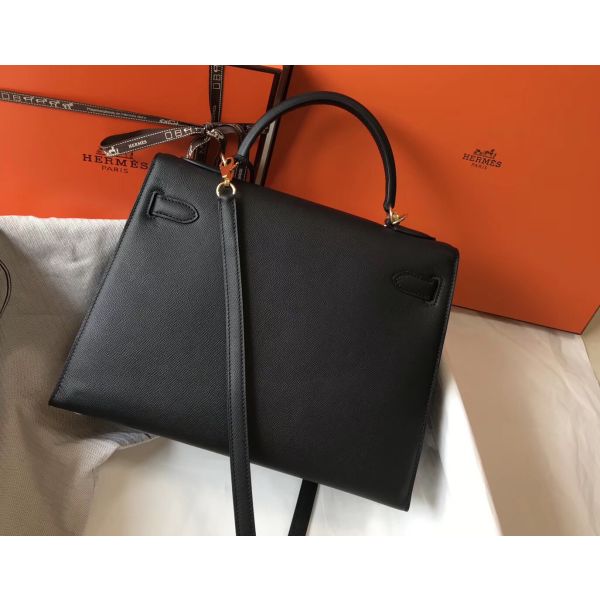 HERM Kelly 32cm Bag In Black Epsom Leather GHW