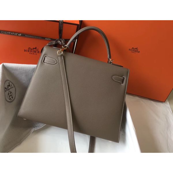 HERM Kelly 32cm Bag In Tuape Grey Epsom Leather GHW