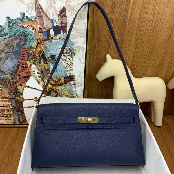 HERM Kelly Elan Handmade Bag In Blue Saphir Chevre Mysore Leather