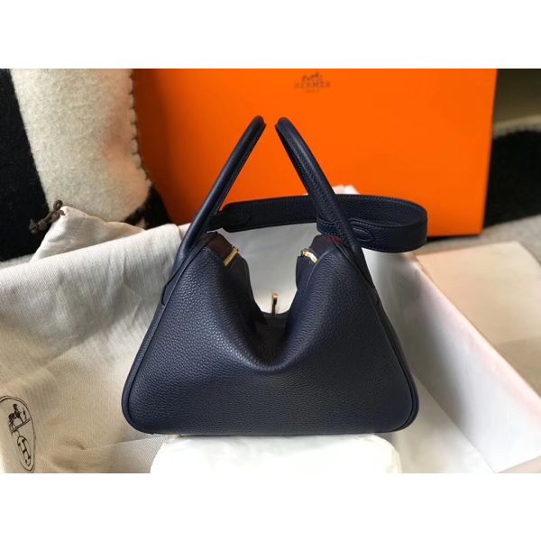 HERM Lindy 26cm Bag In Navy Blue Clemence Leather GHW