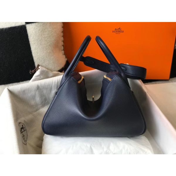 HERM Lindy 30cm Bag In Navy Blue Clemence Leather GHW