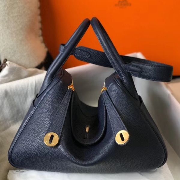 HERM Lindy 30cm Bag In Navy Blue Clemence Leather GHW