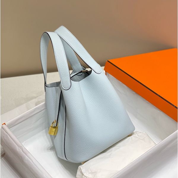 HERM Picotin Lock 22 Bag In Blue Brume Clemence Leather