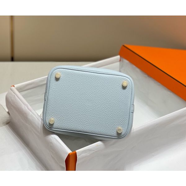 HERM Picotin Lock 22 Bag In Blue Brume Clemence Leather