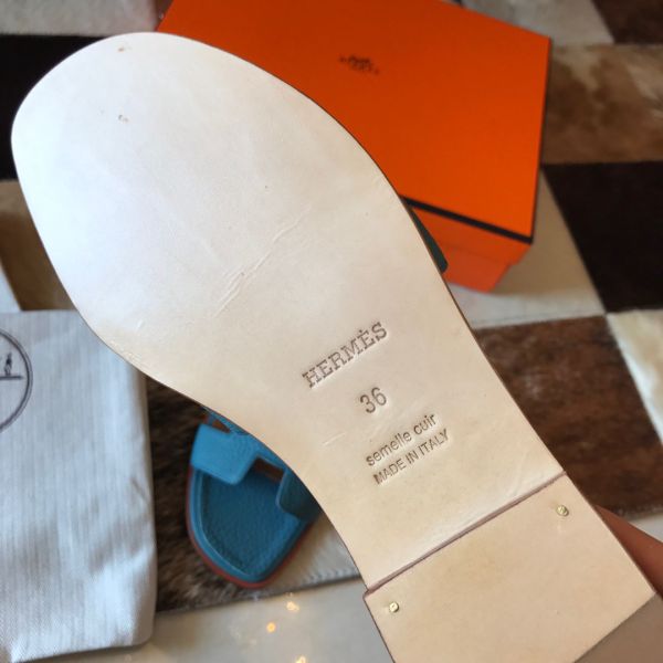 HERM Oran Slide Sandals In Blue Jean Clemence Leather