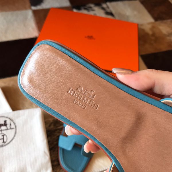 HERM Oran Slide Sandals In Blue Jean Clemence Leather