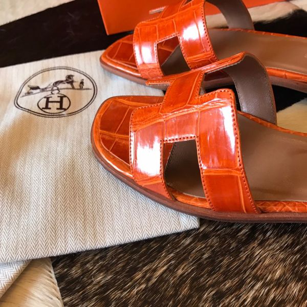 HERM Oran Slide Sandals In Orange Shiny Niloticus Crocodile Skin