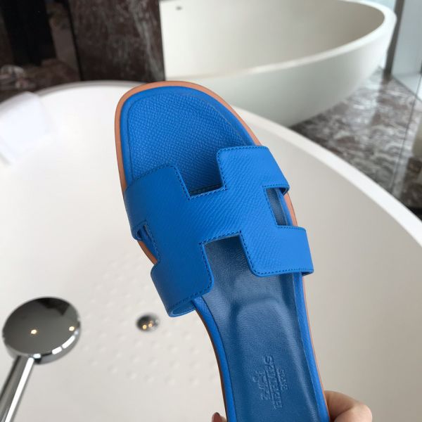 HERM Oran Slide Sandals In Blue Hydra Epsom Calfskin