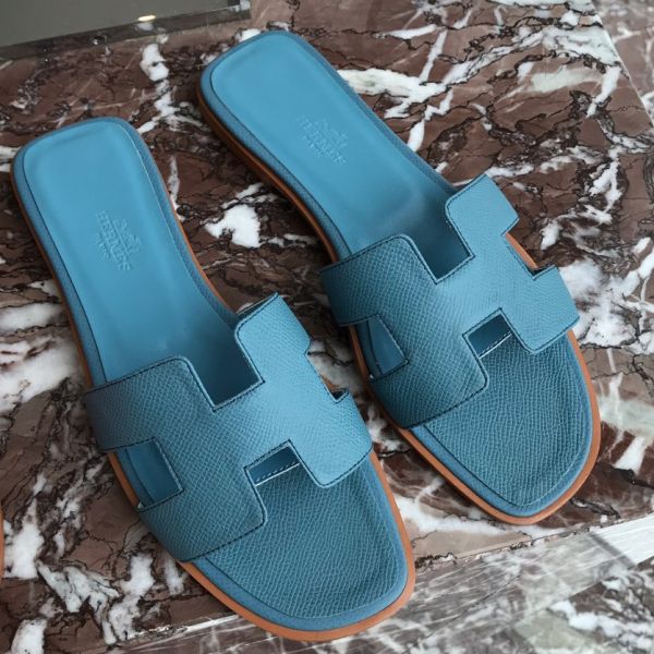 HERM Oran Slide Sandals In Blue du Nord Epsom Calfskin