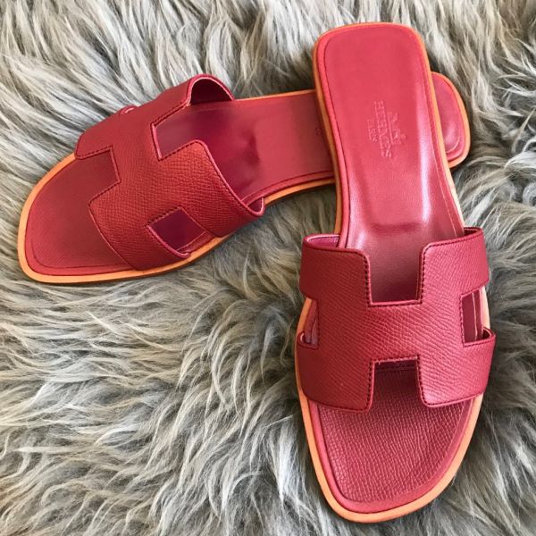 HERM Oran Slide Sandals In Ruby Epsom Calfskin