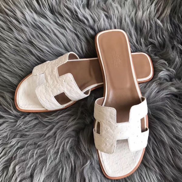 HERM Oran Sandals In White Ostrich Leather
