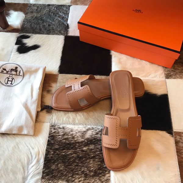 HERM Oran Slide Sandals In Gold Epsom Perforated Calfskin