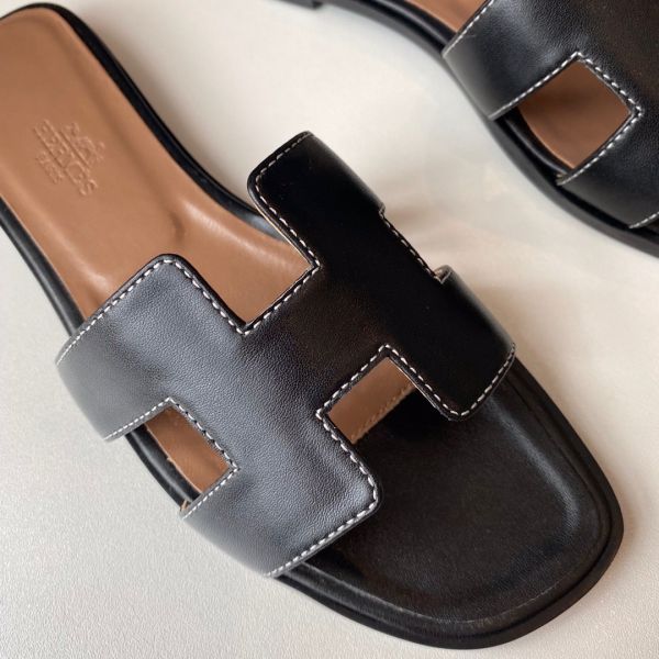 HERM Oran Slide Sandals In Black Swift Calfskin