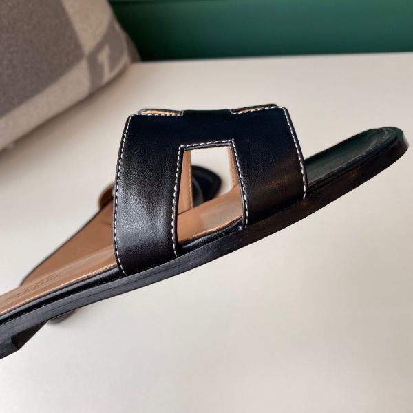HERM Oran Slide Sandals In Black Swift Calfskin