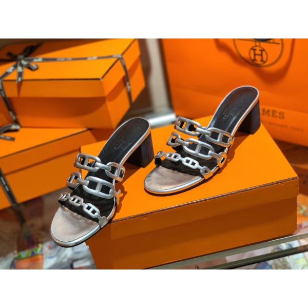 HERM Tandem Sandals In Silver Metallic Calfskin