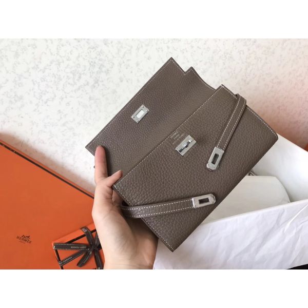 HERM Kelly Classic Long Wallet In Etoupe Clemence Leather