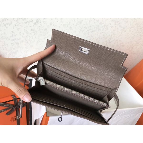 HERM Kelly Classic Long Wallet In Etoupe Clemence Leather