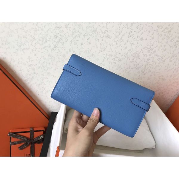 HERM Kelly Classic Long Wallet In Blue Jean Epsom Leather