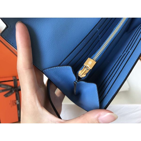 HERM Kelly Classic Long Wallet In Blue Jean Epsom Leather