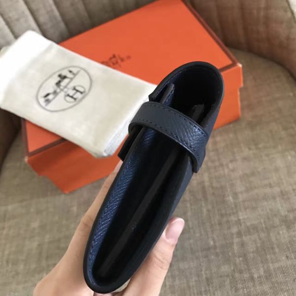 HERM Kelly Classic Long Wallet In Navy Epsom Leather