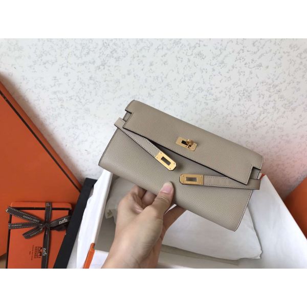 HERM Kelly Classic Long Wallet In Grey Epsom Leather
