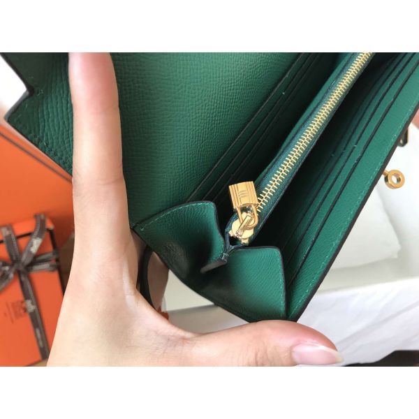 HERM Kelly Classic Long Wallet In Malachite Epsom Leather