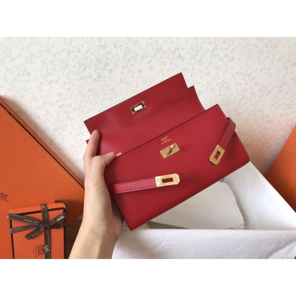 HERM Kelly Classic Long Wallet In Red Epsom Leather