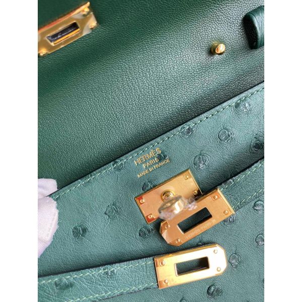 HERM Kelly Classique To Go Wallet in Malachite Ostrich Leather