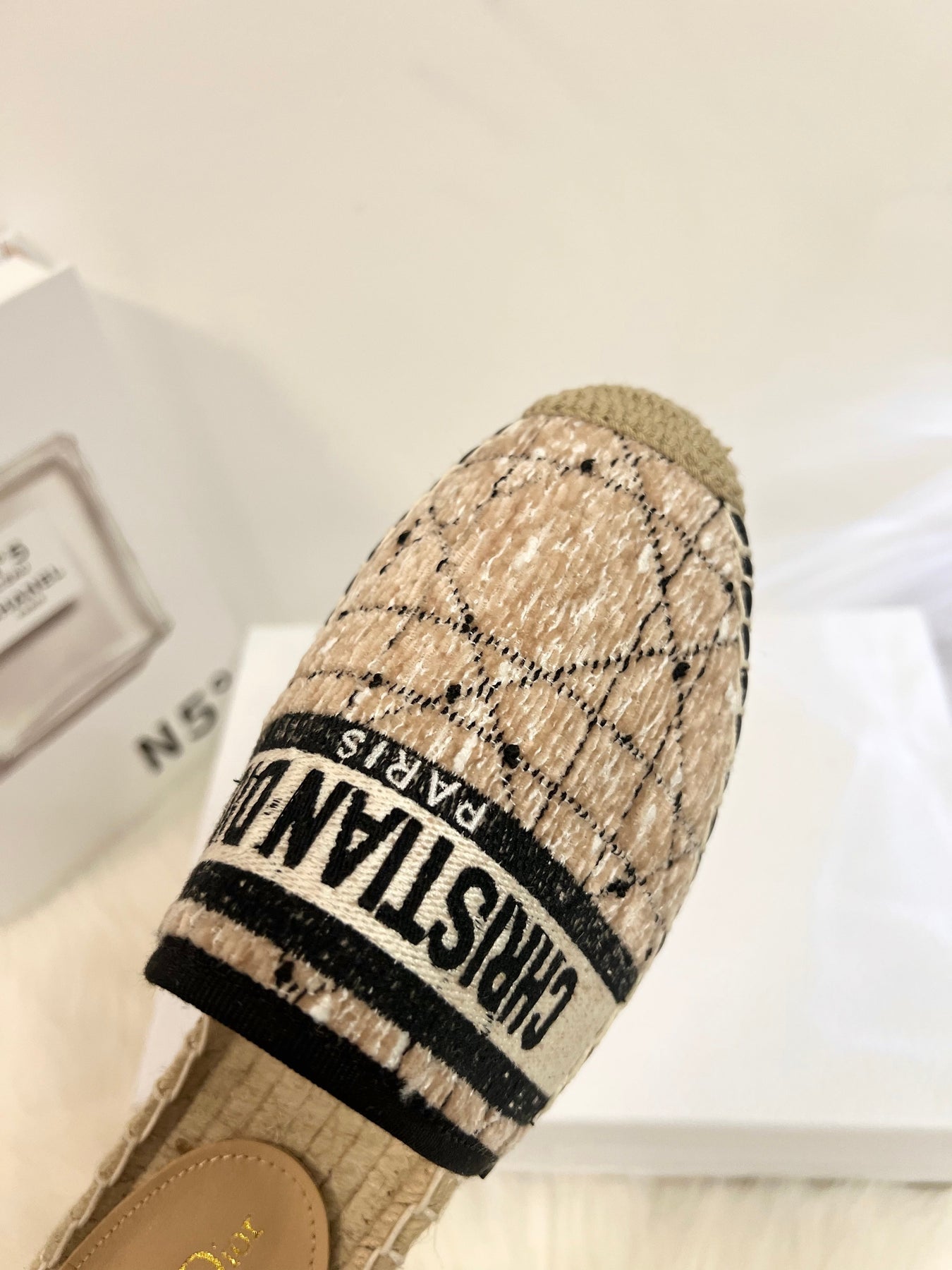 GRANVILLE ESPADRILLE CAMEL BEIGE OBLIQUE EMBROIDERED COTTON MULE