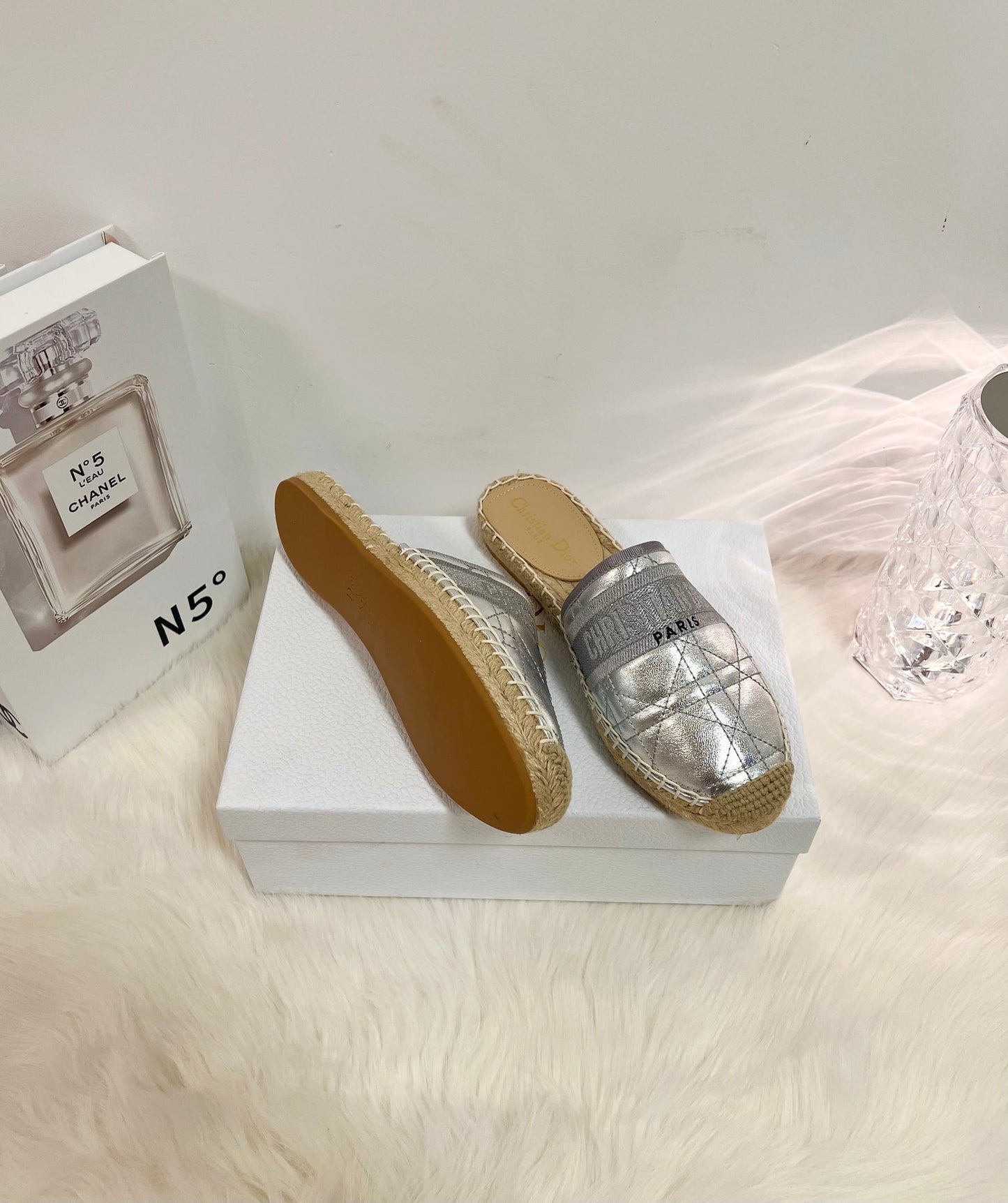 GRANVILLE ESPADRILLE MULE SILVER QUILTED CANNAGE CALFSKIN