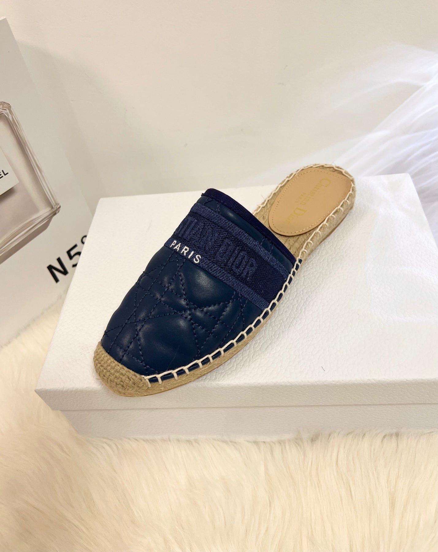 GRANVILLE ESPADRILLE MULE NAVY BLUE QUILTED CANNAGE CALFSKIN