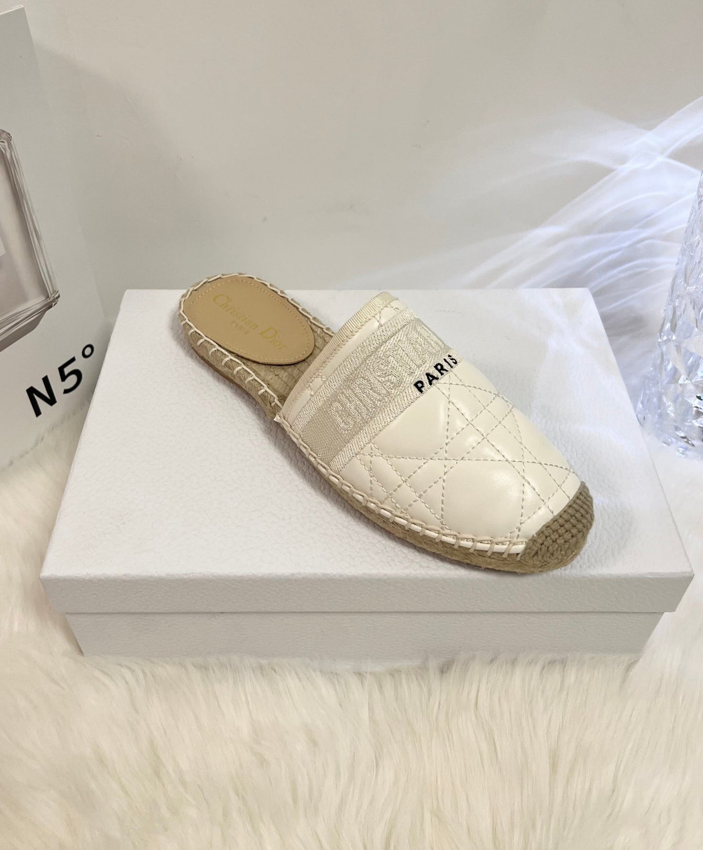 GRANVILLE ESPADRILLE MULE WHITE QUILTED CANNAGE CALFSKIN