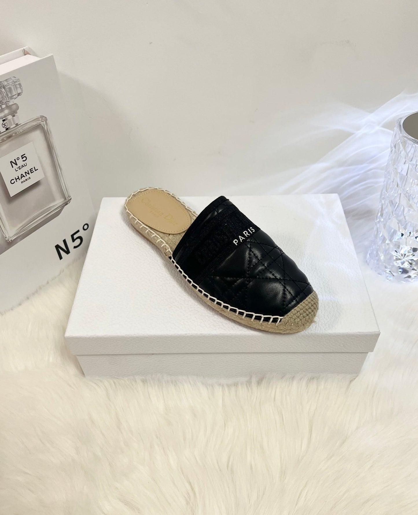 GRANVILLE ESPADRILLE MULE BLACK QUILTED CANNAGE CALFSKIN