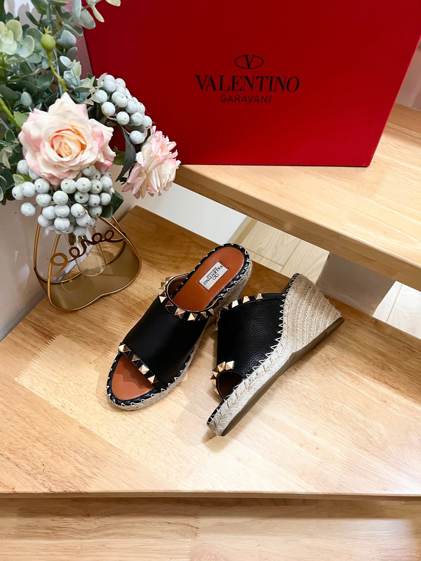 LACE-UP WEDGE SANDALS IN BLACK CALFSKIN WITH STUDS