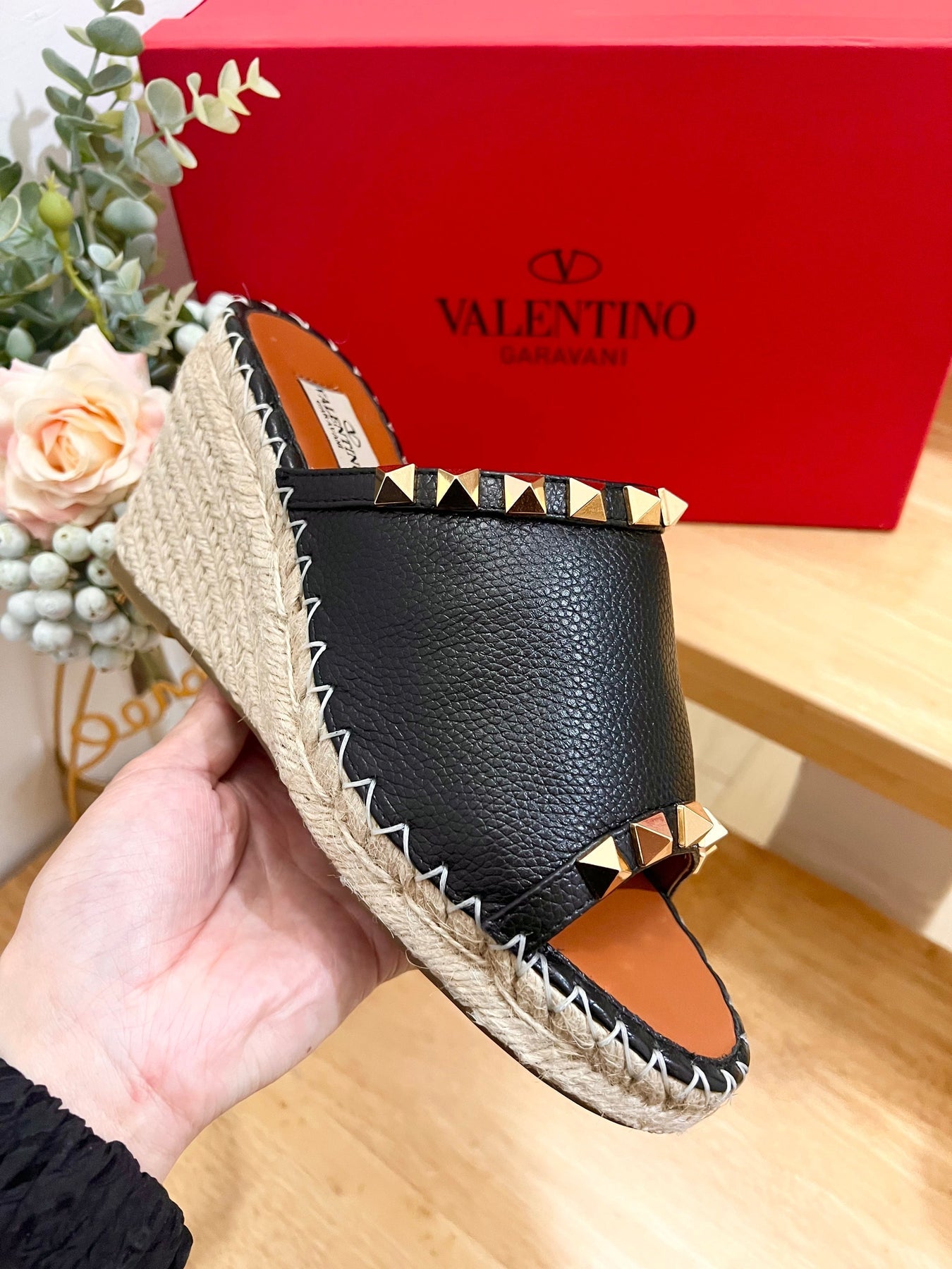 LACE-UP WEDGE SANDALS IN BLACK CALFSKIN WITH STUDS
