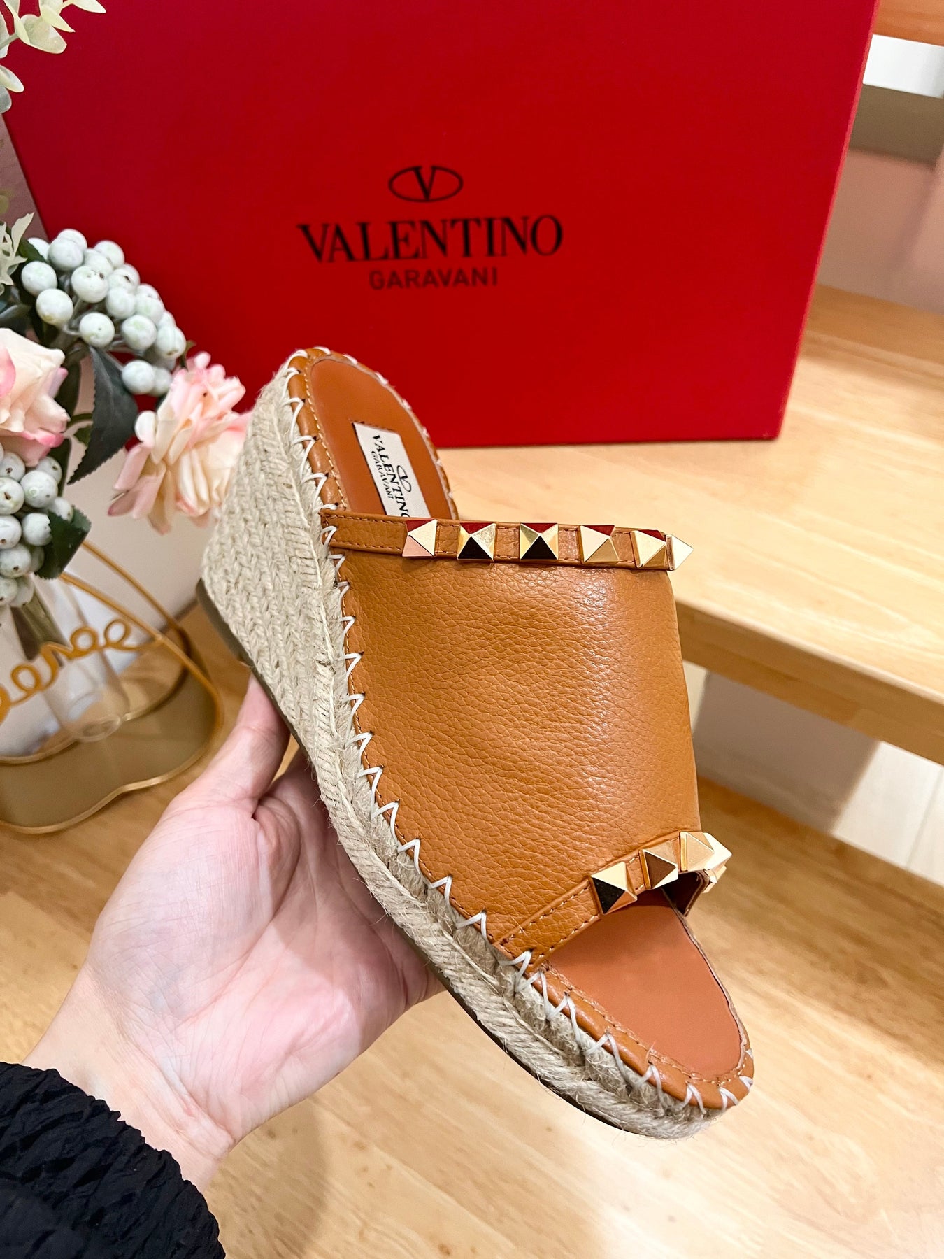 LACE-UP WEDGE SANDALS IN BRONZE BROWN CALFSKIN WITH STUDS