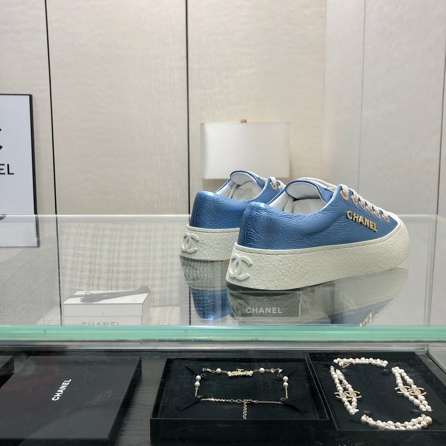 CASUAL SNEAKER IN CERULEAN BLUE METALLIC LAMBSKIN WITH GOLD LOGO