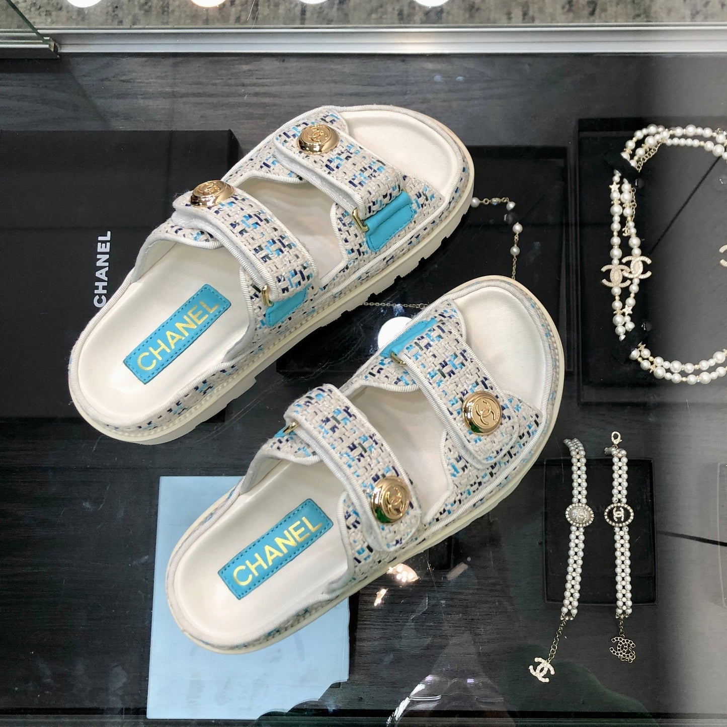 DAD SANDAL MULE IN WHITE MIX LIGHT BLUE TWEED FABRIC