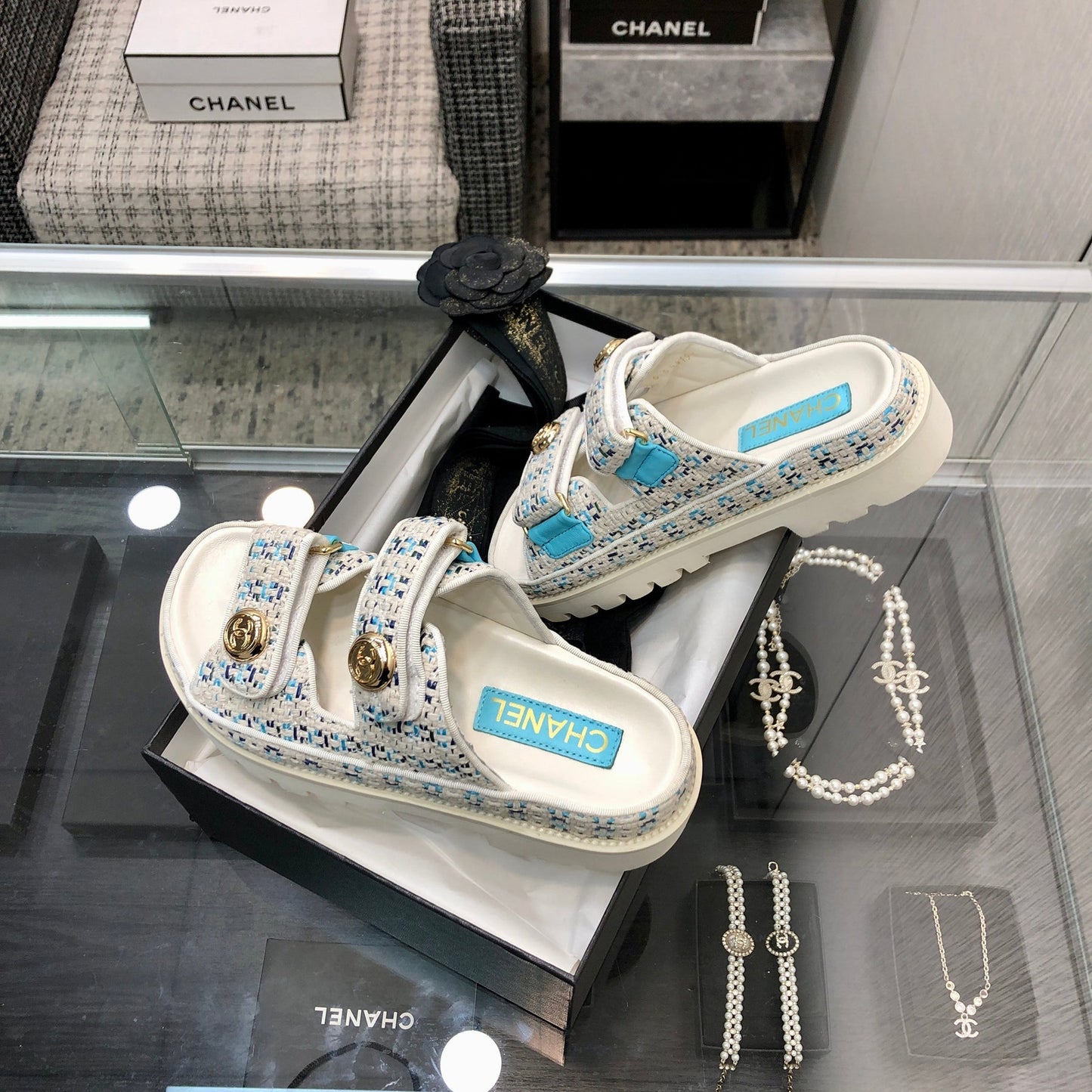 DAD SANDAL MULE IN WHITE MIX LIGHT BLUE TWEED FABRIC